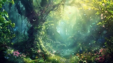 Fototapeta premium Enchanted Fairy Forest. Magical woodland scene with glowing lights and mystical creatures