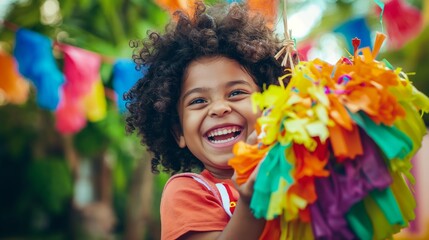 Happy child at a party with piñata