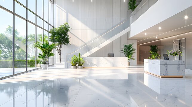 A modern office building lobby with large windows, white marble floors and a reception desk. A glass staircase is visible in the background.