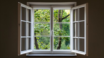 Fototapeta premium An aluminum window with white trim and clear glass, centered on the frame. The background is dark brown walls, and there's green trees outside the window. no furniture in front or behind it.