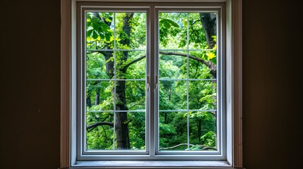 An aluminum window with white trim and clear glass, centered on the frame. The background is dark brown walls, and there's green trees outside the window. no furniture in front or behind it.