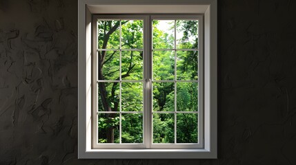 Fototapeta premium An aluminum window with white trim and clear glass, centered on the frame. The background is dark brown walls, and there's green trees outside the window. no furniture in front or behind it.