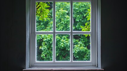 Fototapeta premium An aluminum window with white trim and clear glass, centered on the frame. The background is dark brown walls, and there's green trees outside the window. no furniture in front or behind it.
