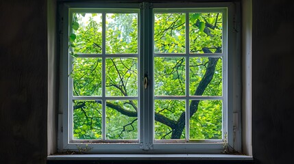 Fototapeta premium An aluminum window with white trim and clear glass, centered on the frame. The background is dark brown walls, and there's green trees outside the window. no furniture in front or behind it.