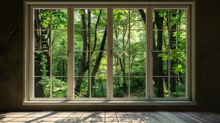 An aluminum window with white trim and clear glass, centered on the frame. The background is dark brown walls, and there's green trees outside the window. no furniture in front or behind it.