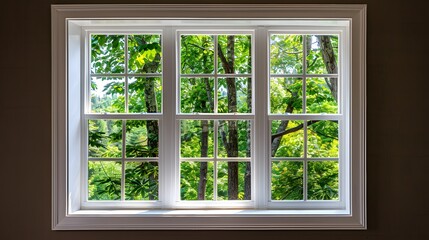 An aluminum window with white trim and clear glass, centered on the frame. The background is dark brown walls, and there's green trees outside the window. no furniture in front or behind it.