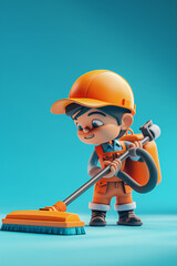Fototapeta premium portrait of cute male cleaning service. 3D Cartoon Animation Style.
