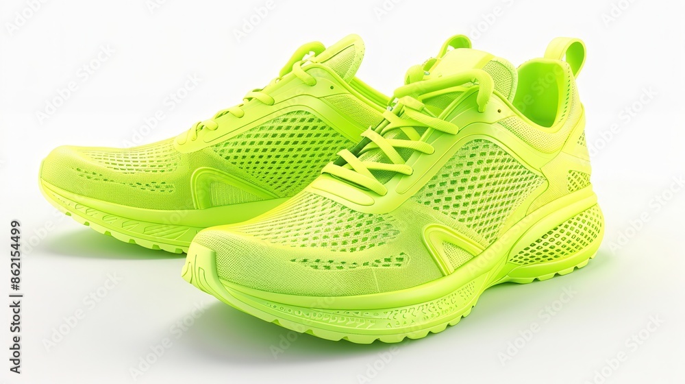 Wall mural a pair of running shoes, athletic fashion footwear, neon green, isolated on white background