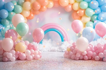 A colorful room with a rainbow arch and many balloons