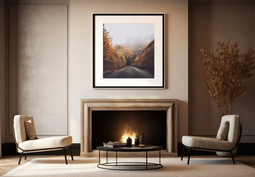 Fire Place Picture Frame Mockup With Generative AI