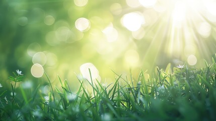 Obraz premium Blurred green grass with sunlight flares Bright bokeh Soft focus Abstract natural backdrop Vertical Out of focus