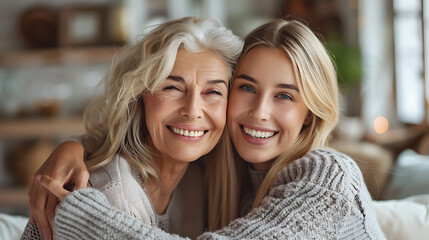 Obraz premium A joyful blonde older mom and her young daughter pose at home, smiling at the camera, laughing, hugging, and enjoying a close family bond.