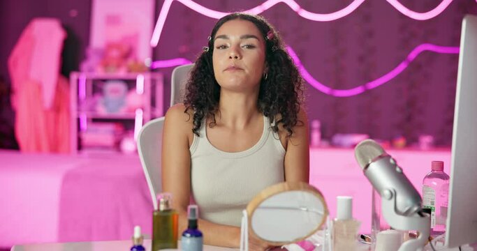 Face, influencer and woman with makeup, vlog and website for product promotion, social media and internet. Portrait, person or girl with podcast, record tutorial or skincare items for advice or home