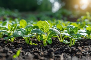 This image captures young green plants sprouting from dark, fertile soil in a field, basking in the sunlight, representing growth, nature, and new beginnings.
