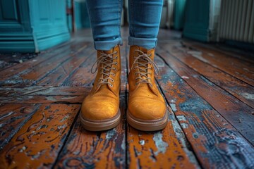 A person stands on a worn wooden floor wearing bright yellow boots, adding a pop of color to the rustic scene with a focus on the contrast between the wood and footwear.
