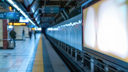 Fototapeta premium Subway Platform with Blurry People and an Advertisement