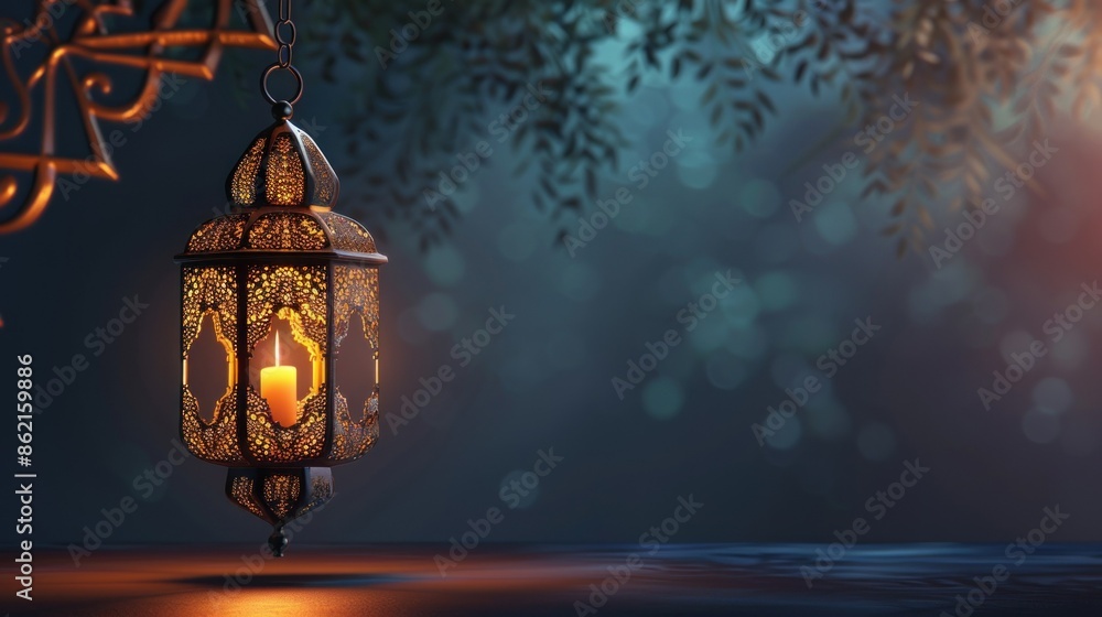 Poster intricate lantern hanging in a mystical setting