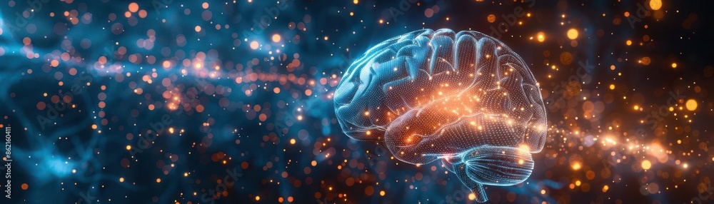 Poster abstract visual of a digital brain with neural connections and glowing lights, symbolizing artificia
