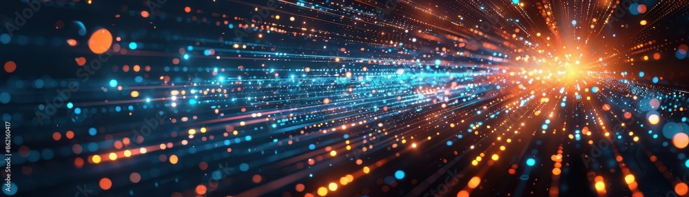 Poster abstract representation of data streams and digital technology with glowing lines and particles conv