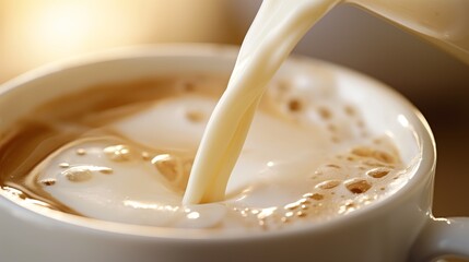 Rich and creamy milk pour closeup coffee bubbles macro beverage dairy froth concept