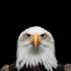 A detailed frontal face portrait of a Bald Eagle with sharp eyes and intricate feather details against a black background.