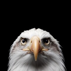 A close-up frontal face portrait of a Bald Eagle with sharp eyes and detailed feathers against a dark background.