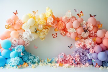 A colorful room with a rocket and planets wallpaper background