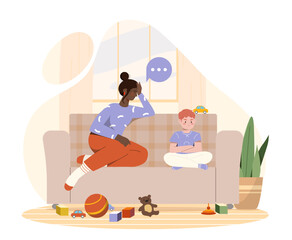 Mother with naughty boy at home. Woman talk with boy sitting at sofa. Mess and chaos in living or children room. Parenting process. Cartoon flat vector illustration isolated on white background