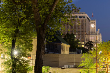 Nighttime view of the historic buildings and skyline of downtown Jackson, Mississippi, USA.