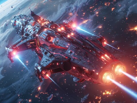 An advanced spacecraft on a collision course with Earth, with neon-lit cities visible on the planet's surface and dramatic cosmic visuals