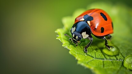 Naklejka premium Small red-orange ladybug on a green leaf