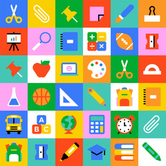 Colorful back to school geometric mosaic seamless pattern. Modern flat education cartoon icon background, fun study concept wallpaper print. Children stationery texture, art supplies symbol design.