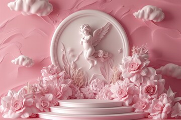 A pink flower arrangement with a white angel statue in the center