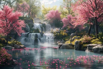 Naklejka premium Tranquil garden with trees in bloom, waterfalls and a river