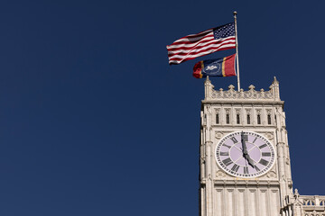 Jackson, Mississippi, USA - April 23, 2024: Afternoon light shines on the historic buildings of...
