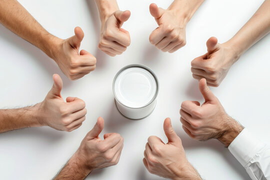 A close-up shot of several hands making thumbs-up gestures around a white blank can, top view. The composition should convey a sense of approval or positivity, with the focus on the hands and the can.