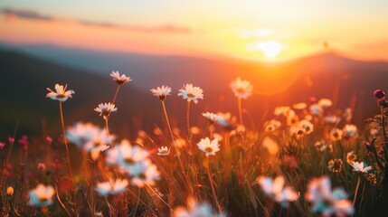 Fototapeta premium White wildflowers on a mountain during a stunning summer sunset with selective focus