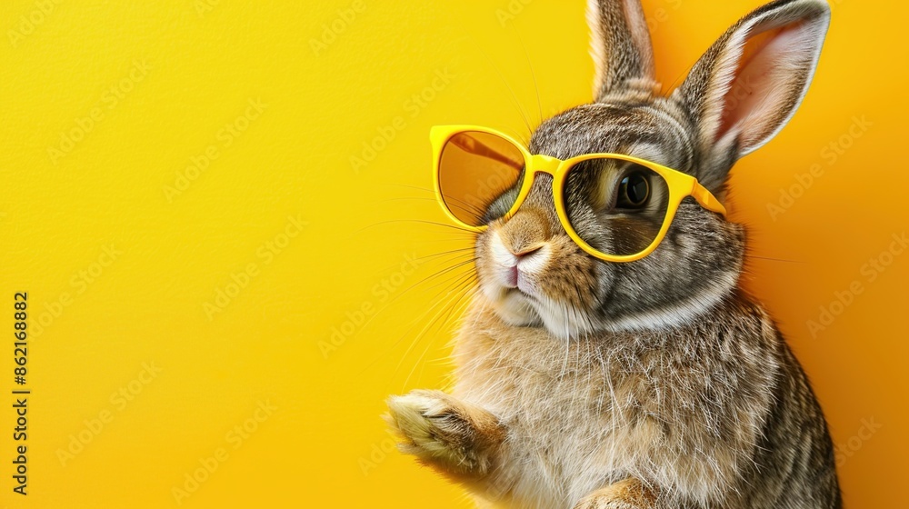 Sticker Cool Bunny in Sunglasses Against a Yellow Background