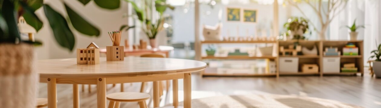 Bright and airy preschool classroom with wooden furniture, open shelves, and large windows letting in natural light.