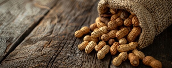 Fototapeta premium Burlap sack spilling peanuts on rustic wooden table, close-up view. Natural food and healthy snack concept