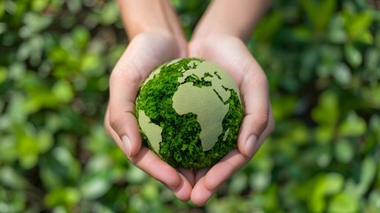 Hands gently supporting a small green planet, representing human responsibility for nature