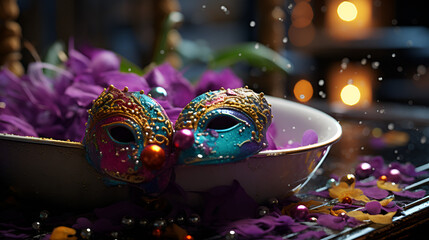 A bowl with two vibrant masks placed on top.     