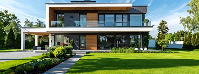 Obraz premium Daylight view of a modern house exterior featuring green lawn grass and stylish design elements