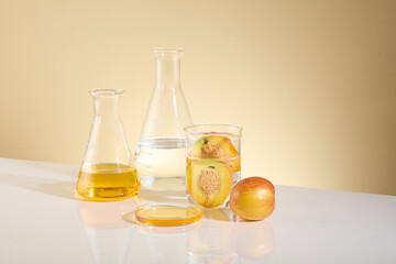 A group of laboratory equipment including erlenmeyer contain yellow and transparent fluid, next to a beaker is soaking fresh peach and a yellow fluid petri dish. Space for text, diagonal angle