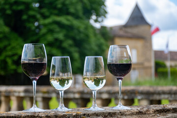 Glasses of white and red wine in old wine domain on Graves vineyards in Portets village and old castle on background, Bordeaux, France