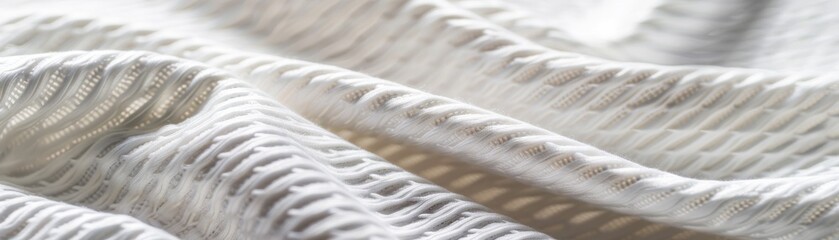 Close up of soft, textured white fabric with gentle folds, showcasing intricate weave pattern and smooth surface, ideal for textiles and design.
