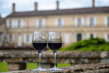 Glasses of french dry red wine in old wine domain on Graves vineyards in Portets village and old castle on background, Bordeaux, France