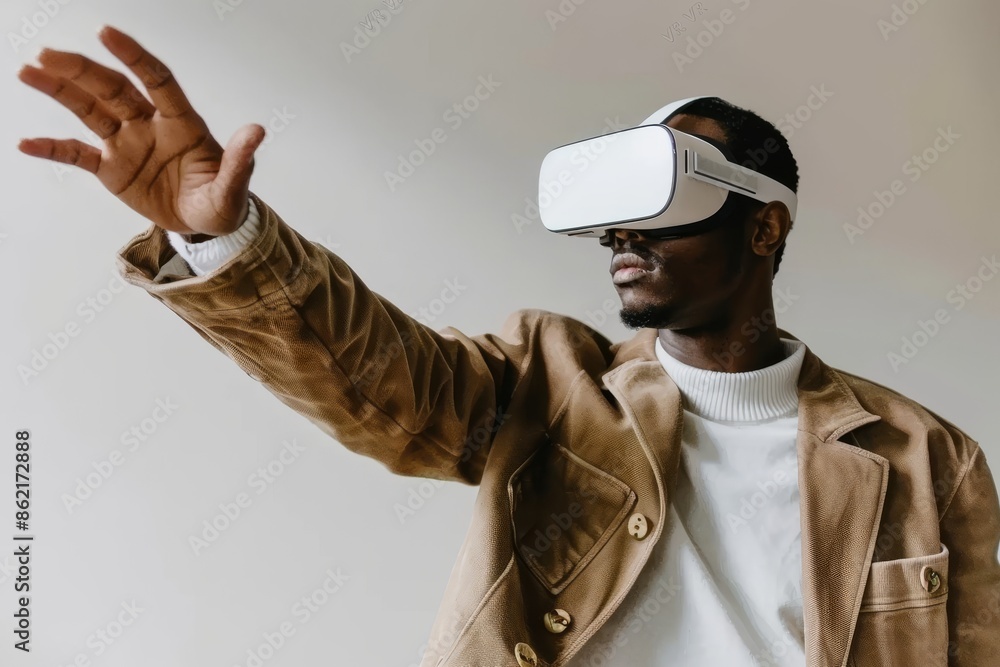 Aufkleber man using vr headset for immersive virtual reality interaction, futuristic technology in bright mode