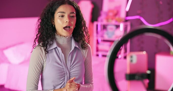 Girl, influencer and vlogging on live stream for social media, connection or audience for online. Female person, gen z and bedroom with tripod for video, content creation and tech at home for website