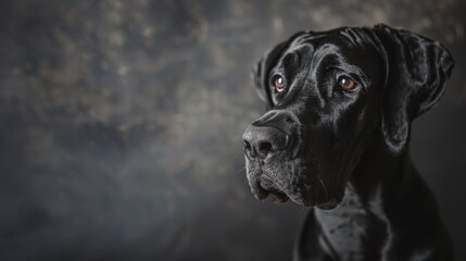 Portrait of a black great dane against a dark background, studio shot. Pet photography concept